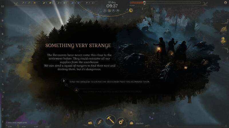 角色互动界面，四位主人公各自站在树城的不同位置，神情各异