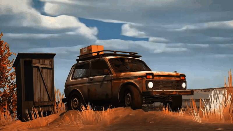 游戏画面展示一位角色驾驶老旧卡车行驶在泥泞乡村道路上，远处是破旧的房屋和辽阔的田野