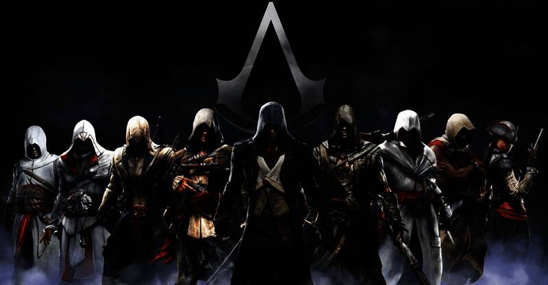 《刺客信条》系列LOGO与多代作品封面拼接图，展现系列发展历程