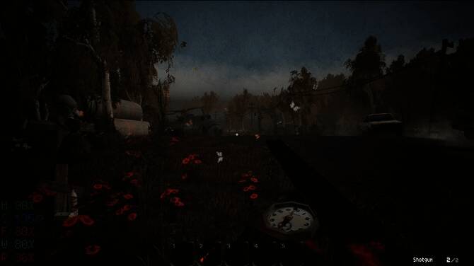 废土世界中的夜晚场景，篝火旁玩家整理装备，周围黑暗中潜伏着未知威胁