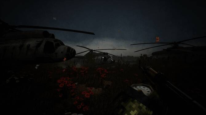 游戏战斗画面，角色持枪在废墟中穿梭，背景有爆炸特效与敌人逼近