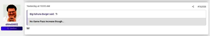 玩家讨论Xbox Game Pass是否会上涨的社交媒体截图