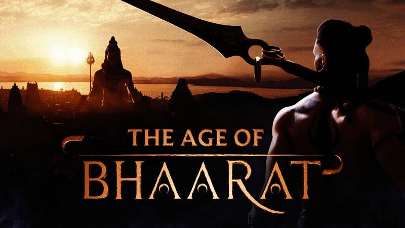 《The Age of Bhaarat》游戏封面风格概念图，展现古印度战士与神秘生物对峙