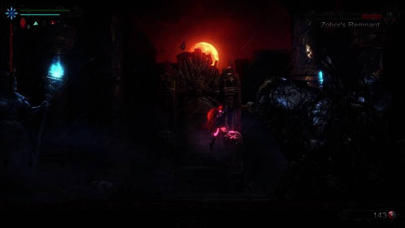 Ayana使用恶魔之力释放出猩红能量波，击碎前方障碍物的画面