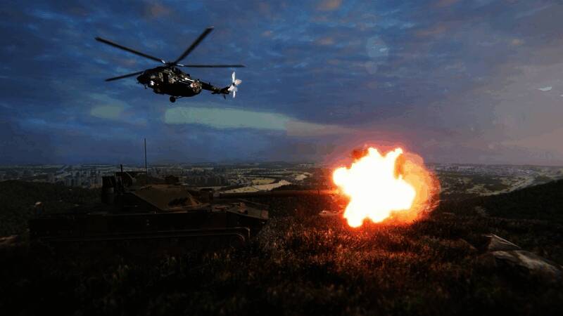 现代化城市街道战火纷飞，建筑物被炸毁，烟雾弥漫