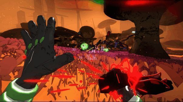 游戏内武器展示界面，多种高科技枪械与动力工具排列整齐，右侧为网格化升级系统面板