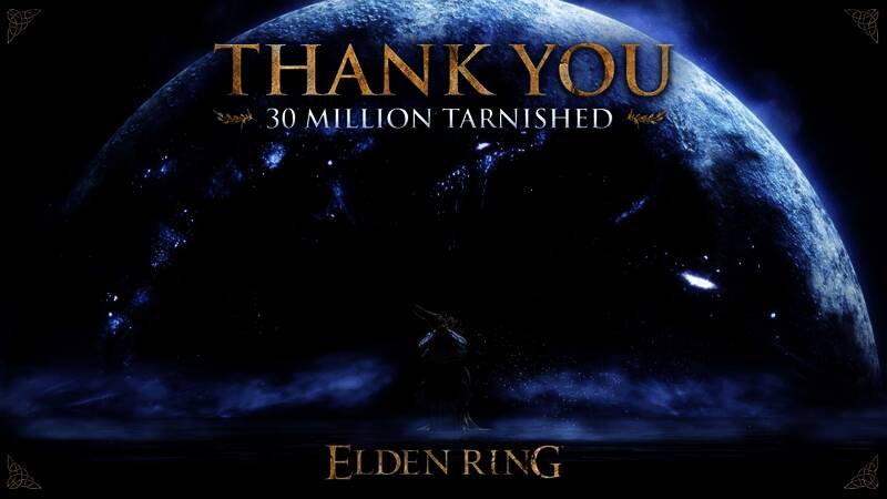 《艾尔登法环》销量突破3000万份庆祝海报，金色光芒环绕游戏LOGO