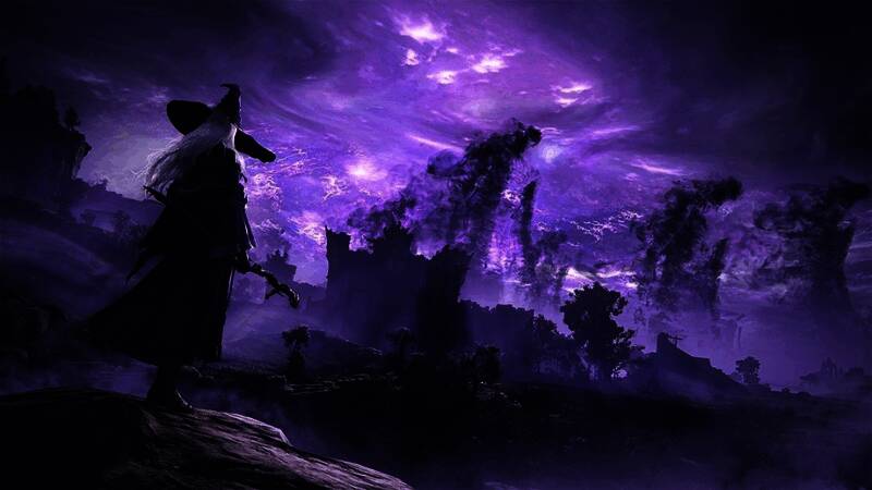 《艾尔登法环》角色形象展示图，主角手持武器站立于黄金树下