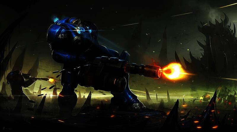 暴雪总部办公大楼外景，门前挂着《星际争霸》与《守望先锋》联合宣传海报