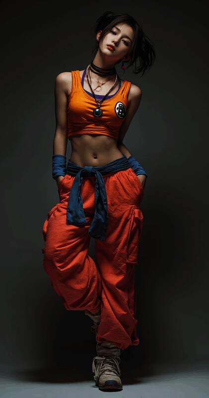 AI生成的龙珠Coser正面展示，表情坚毅，姿势标准