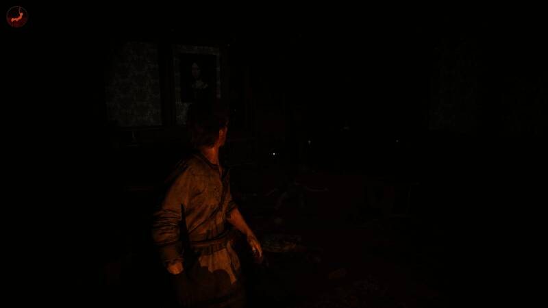 角色在废弃房屋中搜寻物资，环境细节丰富