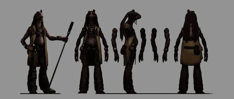 罗迪亚人角色概念图，头部特征明显，衣着粗犷实用