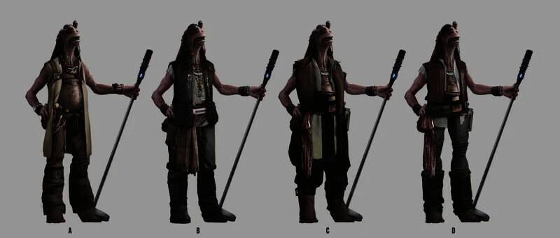 冈根人角色设定图，皮肤质感逼真，服饰带有原始部落风格