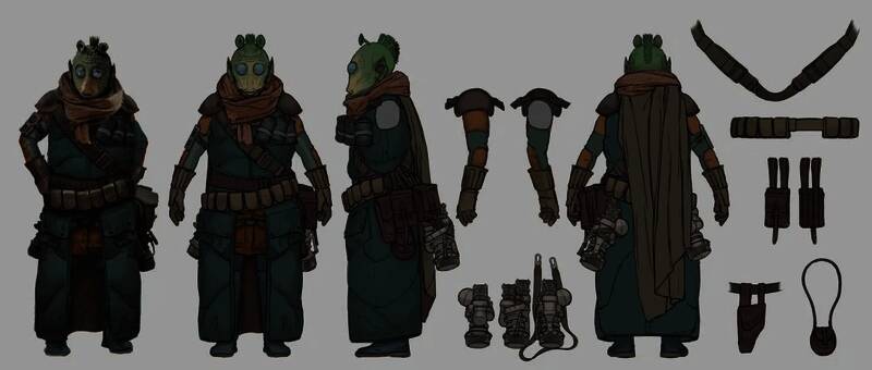 战斗场景草图，角色手持光剑与枪械进行混战