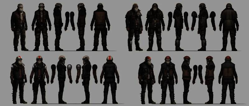 机械改造人角色概念图，半边身体为金属义体