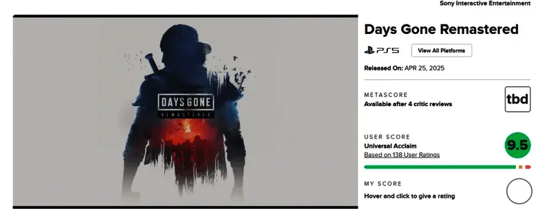Metacritic页面截图显示《往日不再：复刻版》获得高分评价