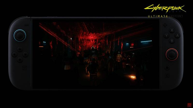 《赛博朋克2077》Switch2版运行场景截图，角色穿梭于霓虹闪烁的城市街道中