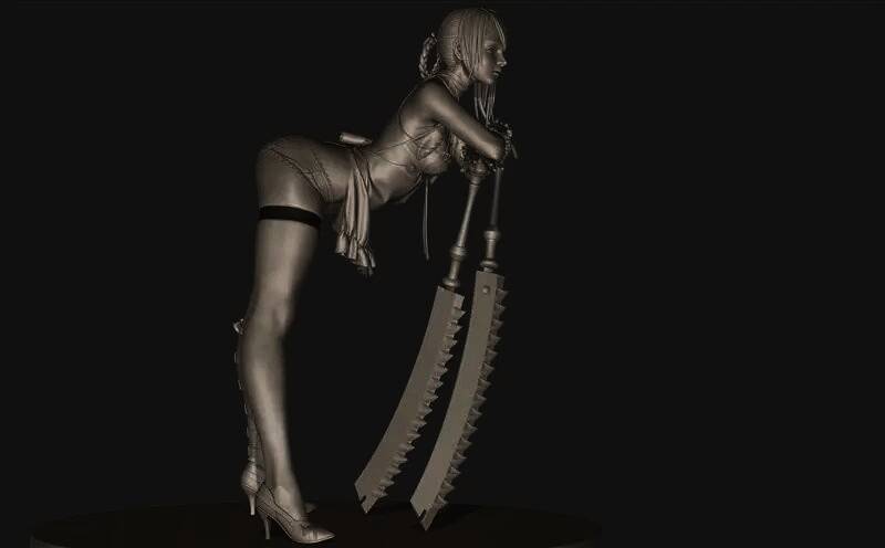 背面视角的手办结构展示，服饰飘逸感自然，武器连接处精细处理