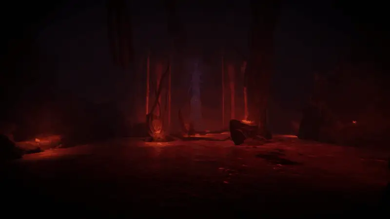 地下城探索场景，昏暗洞穴中闪烁着微弱的蓝色光芒，远处可见古代遗迹