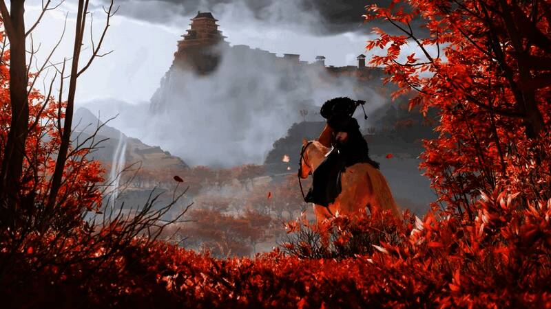 《羊蹄山之魂》故事宣传片截图，女主角手持长刀，背景是雪地与火山地貌交织的神秘场景