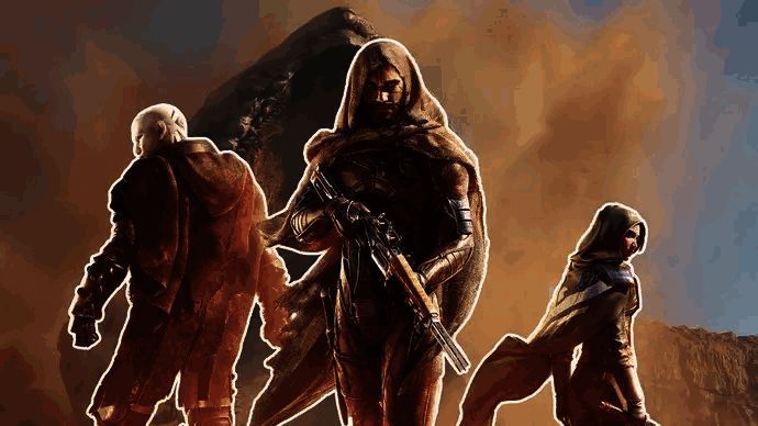 角色在沙漠中艰难前行，身后是巨大的沙丘剪影，天空呈现出异星风格的色彩