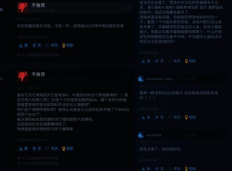 玩家评论截图，提及本地化和优化问题