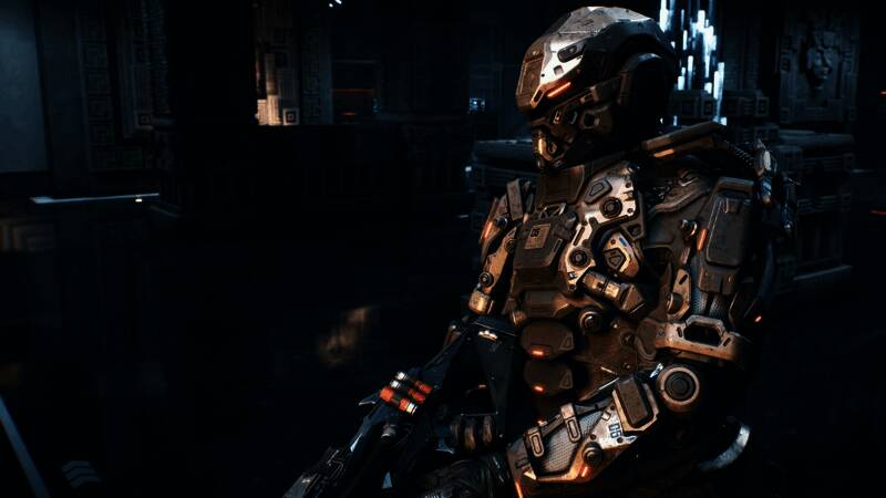 《奇美拉计划》游戏场景截图，未来科技风格城市背景下角色持枪警戒