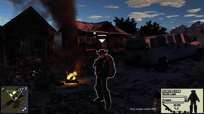 角色在森林中搭建临时营地的画面，远处可见模糊的丧尸身影