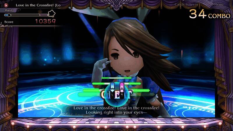 阿格尼丝在舞台上演唱歌曲，屏幕上出现荧光棒节奏提示条，背景为演唱会风格灯光特效