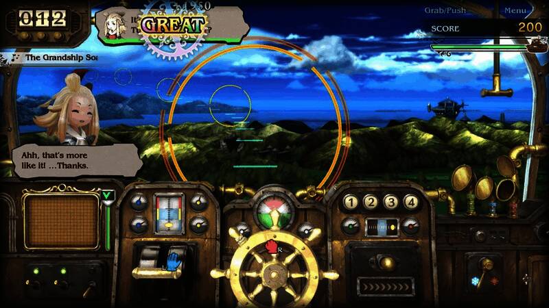 飞艇在空中穿梭于多个圆环之间，屏幕下方有触控操作按钮，背景为蓝天白云和远处的山峦