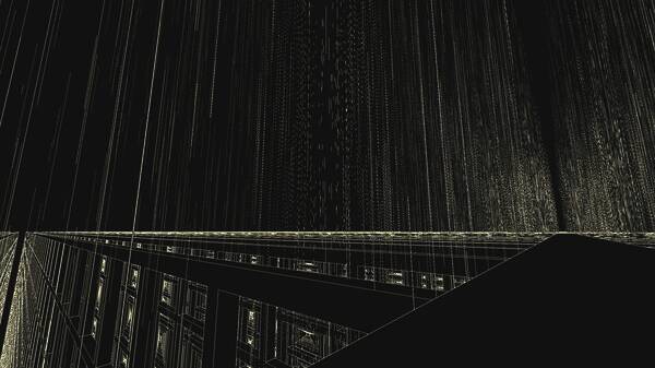 游戏场景截图，呈现出一个充满抽象艺术风格的梦境空间，地面如水面般波动，空中漂浮着几何结构