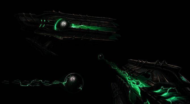 Reaver Chainshot武器特写画面，展现其古老而强大的外观设计