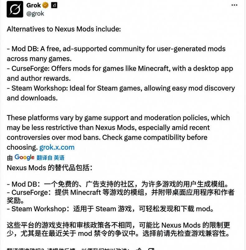 AI推荐的Nexus Mods替代网站列表，列出多个可用的MOD托管平台