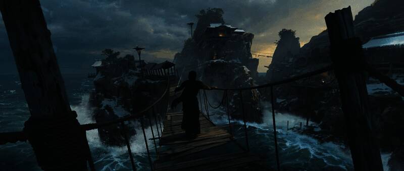 主角阿津在暴风雪中挥舞武士刀的战斗画面，背景为寒冷荒野