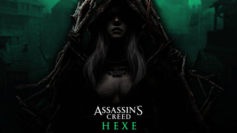 《刺客信条：Hexe》同人海报中的性感女巫角色，身穿复古长袍，眼神神秘而魅惑