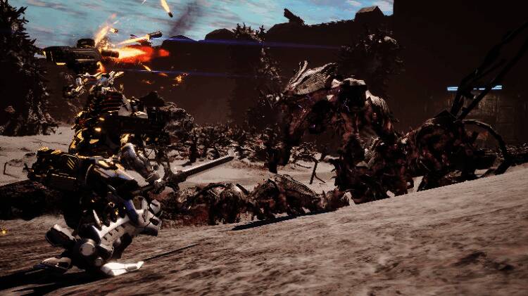 游戏中角色驾驶机甲在空中飞行并发射导弹的动态画面