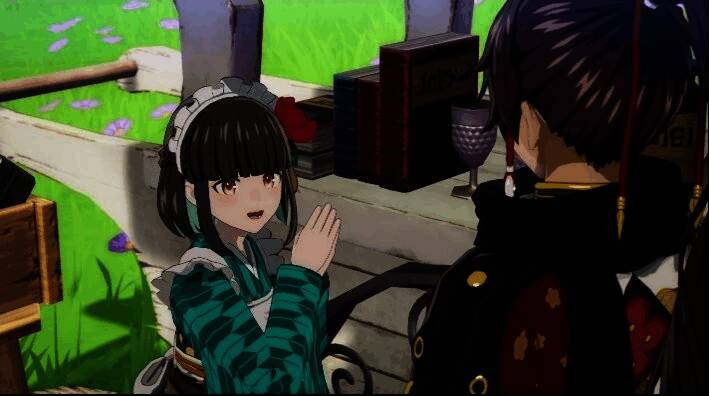 游戏内角色互动画面，展示主角与NPC温馨交谈的情景