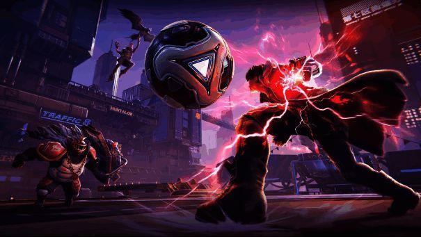 游戏中玩家操控超能英雄进行高速对抗，画面充满霓虹与动感特效