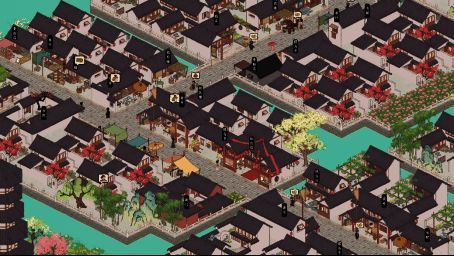 游戏中城市场景展示，人物熙攘，建筑精美