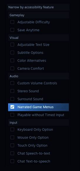 Steam商店界面展示无障碍筛选功能，搜索栏下方显示相关标签结果