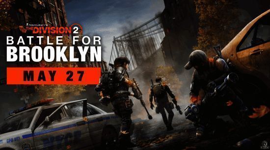 《全境封锁2》DLC“布鲁克林之战”宣传图，展示布鲁克林工业区的废墟场景与战斗氛围