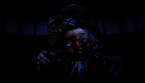 游戏场景截图，昏暗走廊尽头隐约可见一双巨大的眼睛缓缓靠近