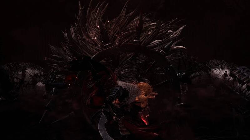 主角手持武器，在废墟中与怪物激烈交战的场景