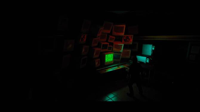 角色站在破败房间中央，周围漂浮着不明黑影，气氛极度紧张