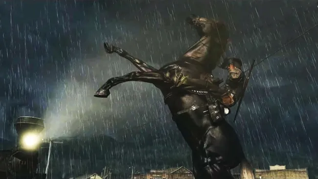 《荒野大镖客2》中约翰骑马穿行在雨中森林的场景，气氛压抑而真实