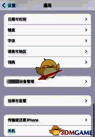 iPhone设置页面，显示通用选项下方的设备管理入口