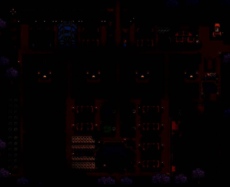 夜晚视角下的标准农场，灯光照亮小桶与温室，营造出温馨又高效的农场氛围