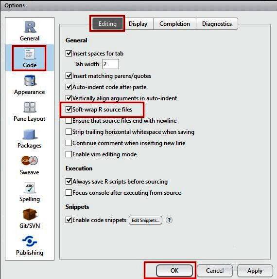 Code Editing设置页面中已勾选Soft-wrap R source files选项，界面清晰标注该功能作用