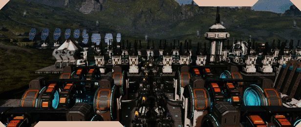 玩家操作机械臂加工矿石，背景是正在扩建的基地结构，展现工业化生存流程