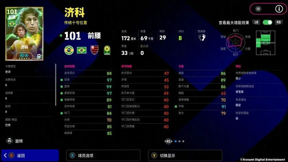 济科身披巴西国家队战袍，带球突破防守球员的精彩瞬间